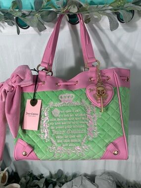 Juicy Couture Pink & Mint Green Quilted Tote with Heart Charm